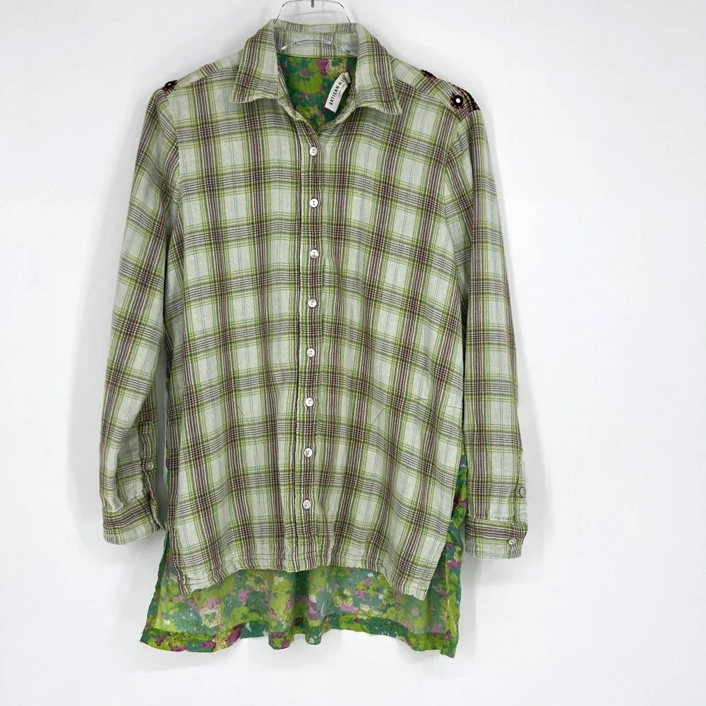 Artisan de Luxe Top Womens S‎ Free People Floral Green Plaid Boho Hippie Flannel